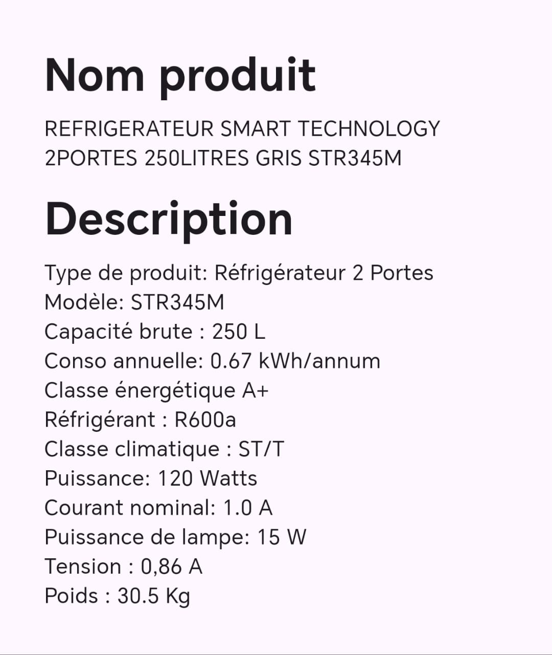 Réfrigérateur smart technology 2 portes 250 litres gris STR345M Réfrigérateur smart technology 2 portes 250 litres gris STR345M