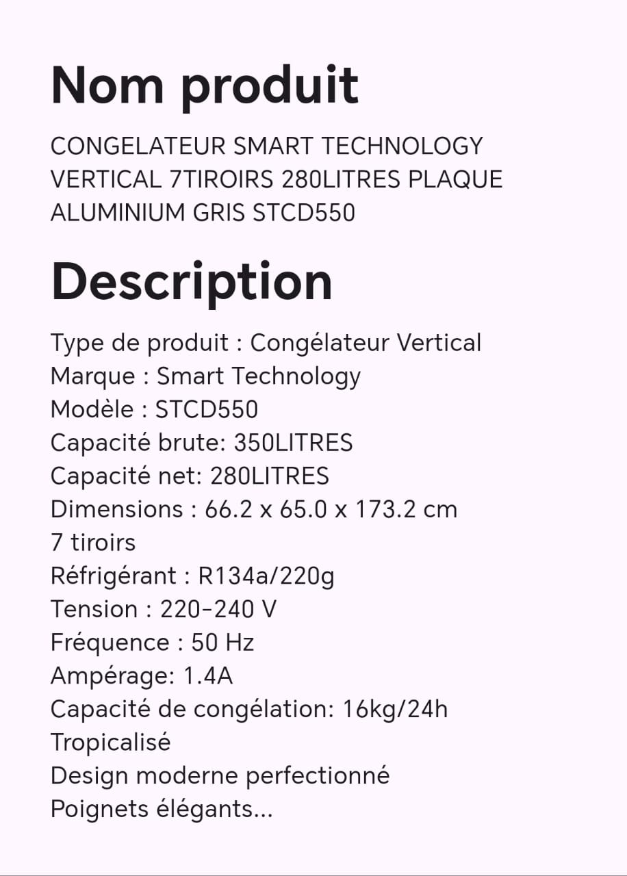 CONGELATEUR SMART TECHNOLOGY VERTICAL 7TIROIRS 280LITRES PLAQUE ALUMINIUM GRIS STCD550 CONGELATEUR SMART TECHNOLOGY VERTICAL 7TIROIRS 280LITRES PLAQUE ALUMINIUM GRIS STCD550