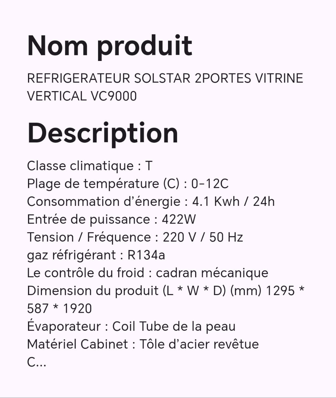 Réfrigérateur SOLSTAR 2portes vitrine vertical VC9000 Réfrigérateur SOLSTAR 2portes vitrine vertical VC9000