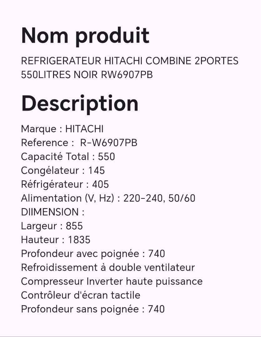 REFRIGERATEUR HITACHI COMBINE 2PORTES 550LITRES NOIR RW6907PB REFRIGERATEUR HITACHI COMBINE 2PORTES 550LITRES NOIR RW6907PB