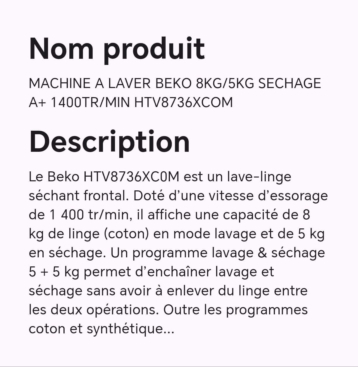 MACHINE A LAVER BEKO 8KG/5KG SECHAGE A+ 1400TR/MIN HTV8736XCOM MACHINE A LAVER BEKO 8KG/5KG SECHAGE A+ 1400TR/MIN HTV8736XCOM