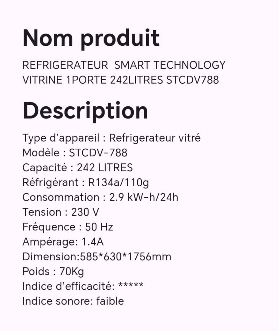 Réfrigérateur SMART technology vitrine 1 porte 242 litres STCDV788 Réfrigérateur SMART technology vitrine 1 porte 242 litres STCDV788