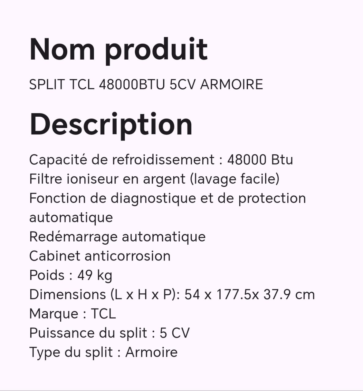 SPLIT TCL 48000BTU 5CV ARMOIRE SPLIT TCL 48000BTU 5CV ARMOIRE