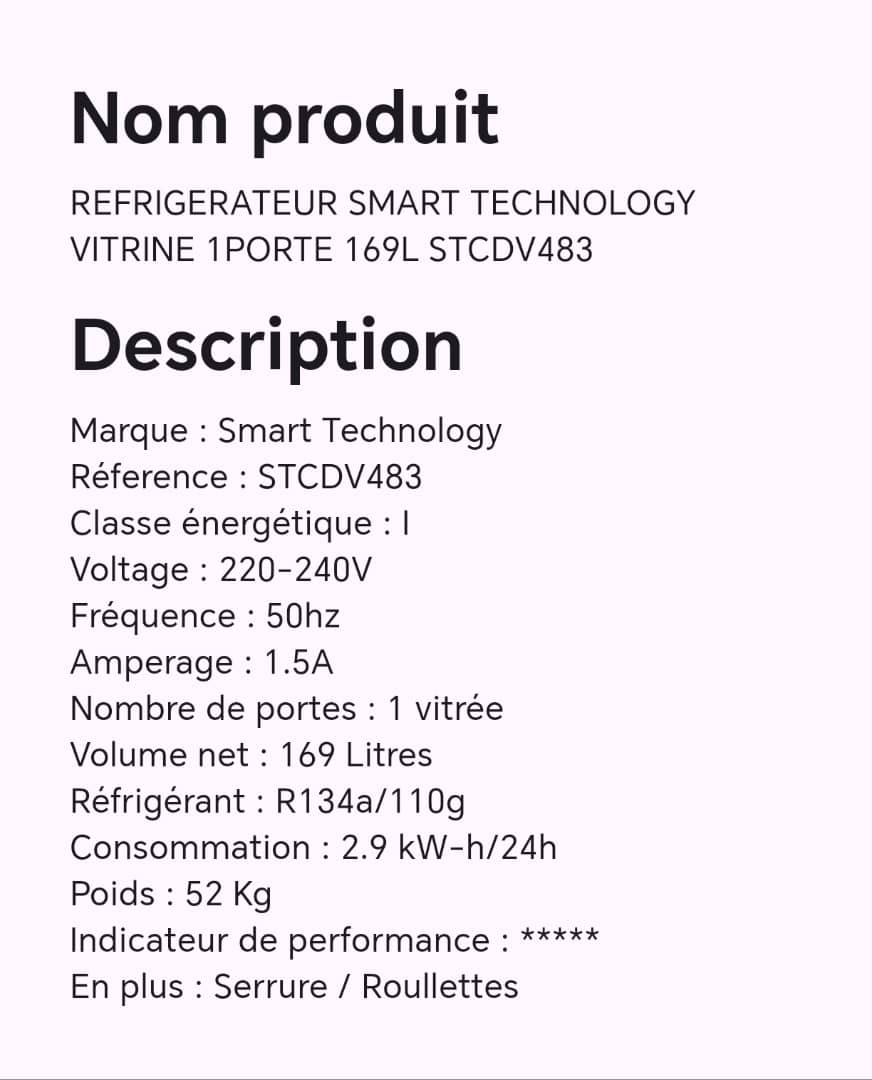 Réfrigérateur SMART technology vitrine 1 porte 169L STCDV483 Réfrigérateur SMART technology vitrine 1 porte 169L STCDV483