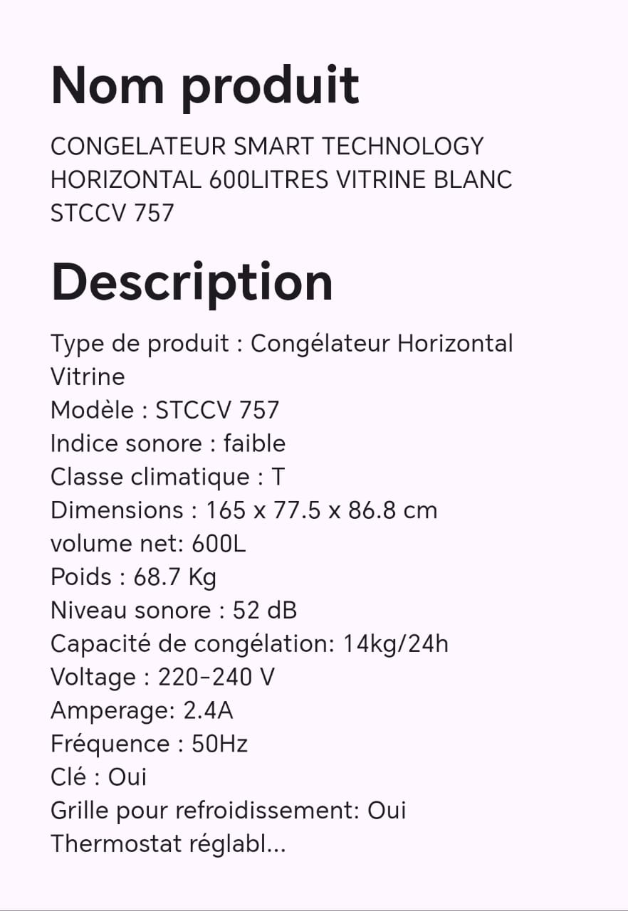 CONGELATEUR SMART TECHNOLOGY HORIZONTAL 600LITRES VITRINE BLANC STCCV 757 CONGELATEUR SMART TECHNOLOGY HORIZONTAL 600LITRES VITRINE BLANC STCCV 757
