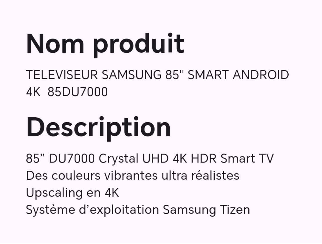 TELEVISEUR SAMSUNG 85" SMART ANDROID 4K 85DU7000 TELEVISEUR SAMSUNG 85" SMART ANDROID 4K 85DU7000