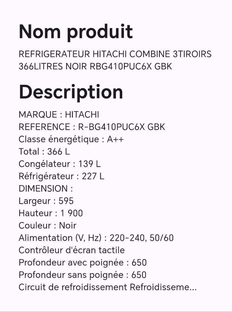 REFRIGERATEUR HITACHI COMBINE 3TIROIRS 366LITRES NOIR RBG410PUC6X GBK REFRIGERATEUR HITACHI COMBINE 3TIROIRS 366LITRES NOIR RBG410PUC6X GBK