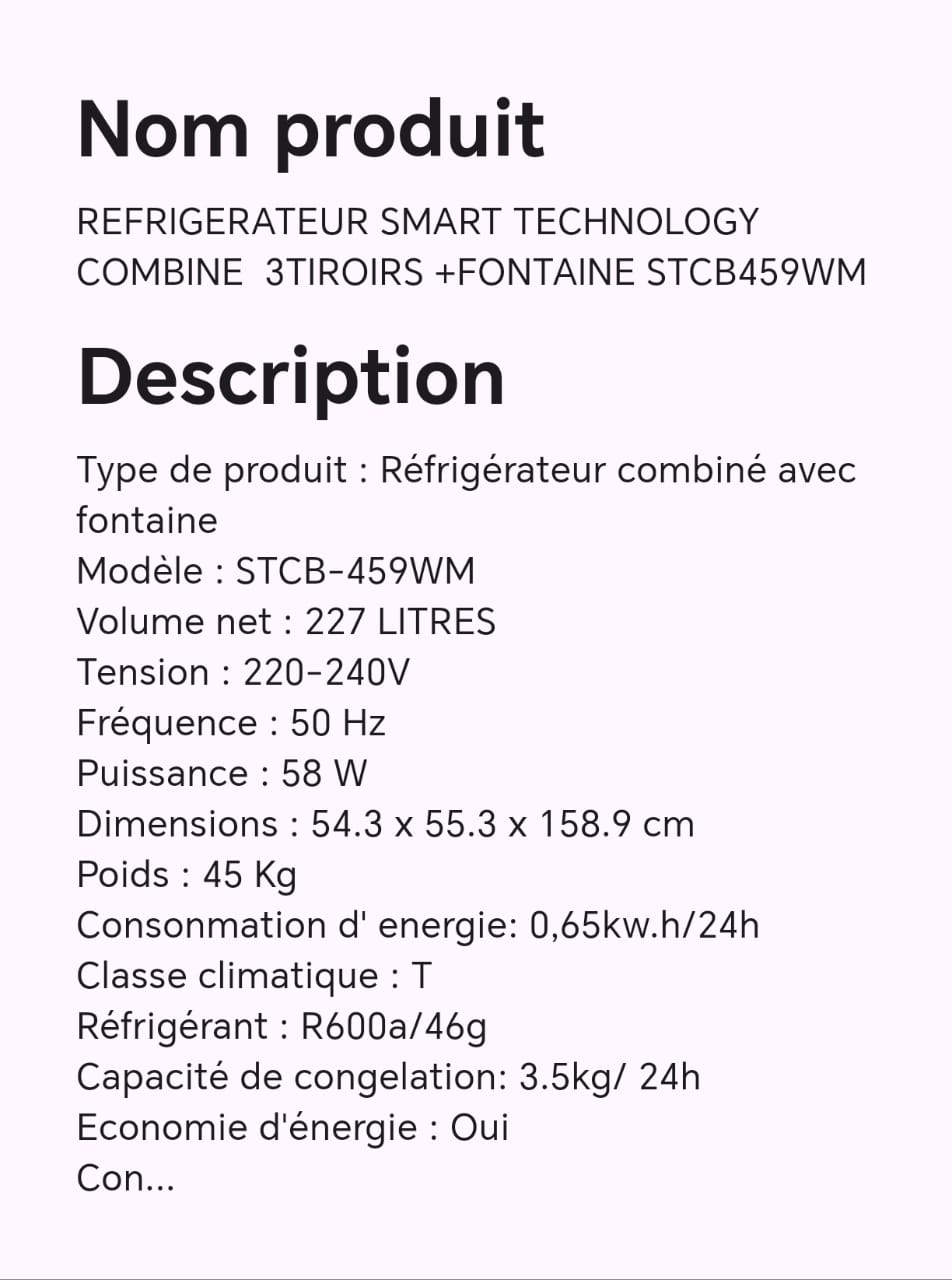 Réfrigérateur SMART technology combine 3 tiroirs + fontaine STCB459WM Réfrigérateur SMART technology combine 3 tiroirs + fontaine STCB459WM