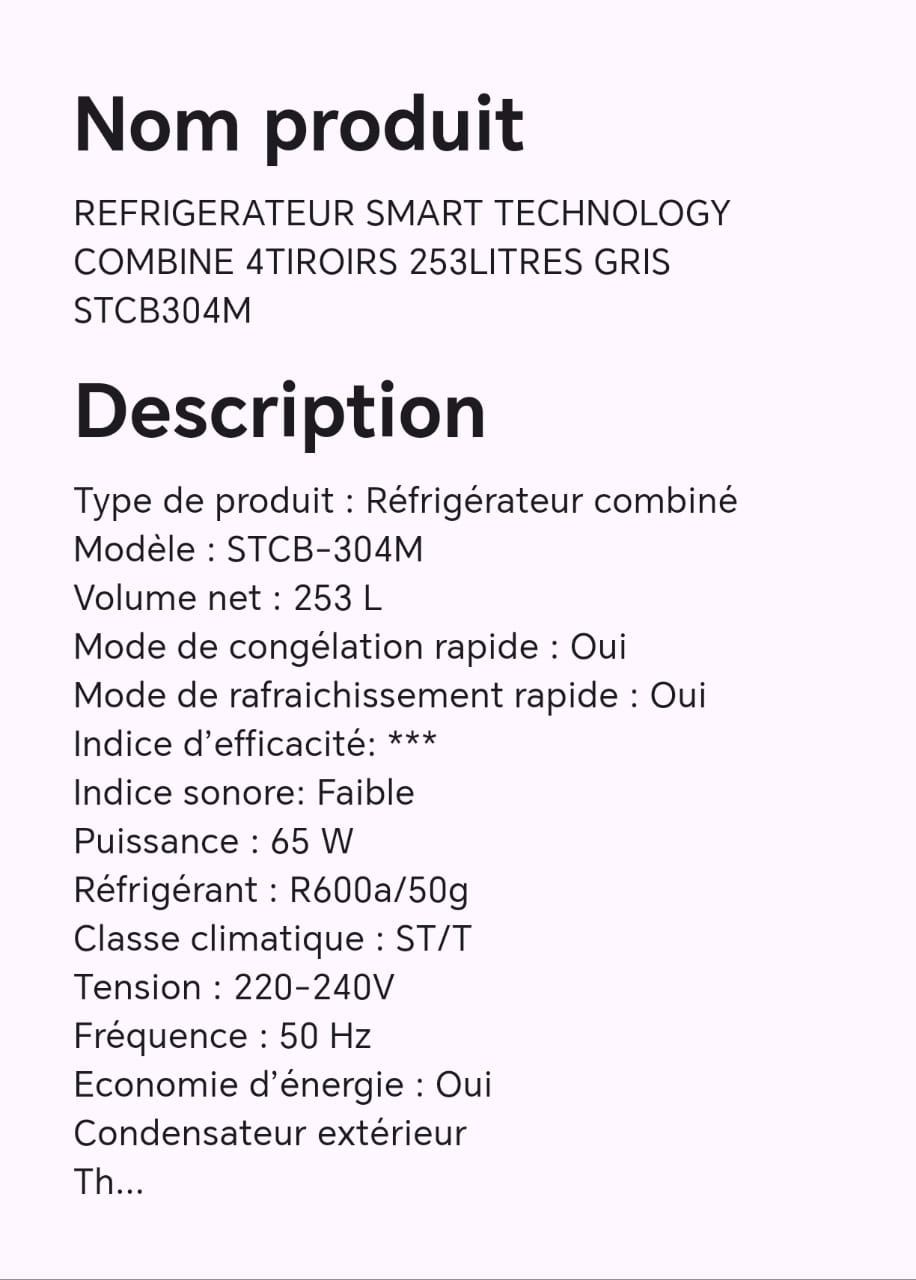 Réfrigérateur SMART TECHNOLOGY combine 4tiroirs 253 LITRES GRIS STCB304M Réfrigérateur SMART TECHNOLOGY combine 4tiroirs 253 LITRES GRIS STCB304M