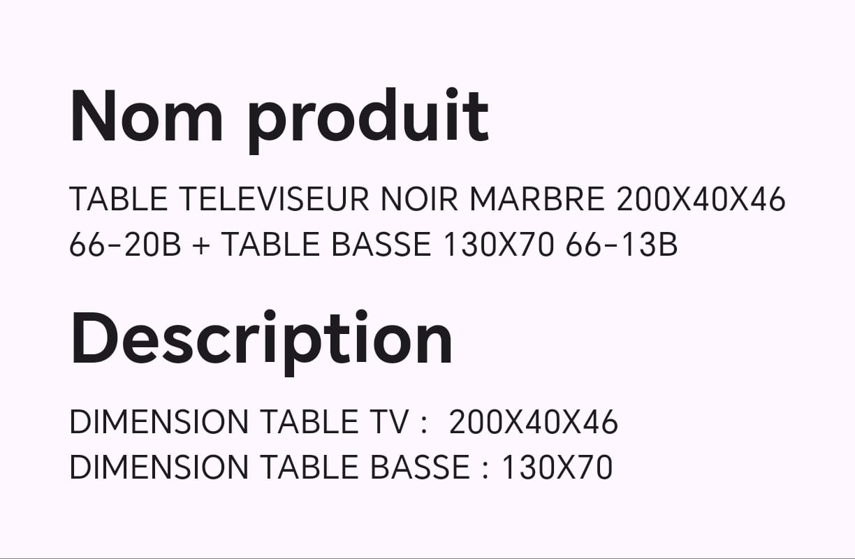 TABLE TELEVISEUR NOIR MARBRE 200X40X46 66-20B + TABLE BASSE 130X70 66-13B TABLE TELEVISEUR NOIR MARBRE 200X40X46 66-20B + TABLE BASSE 130X70 66-13B