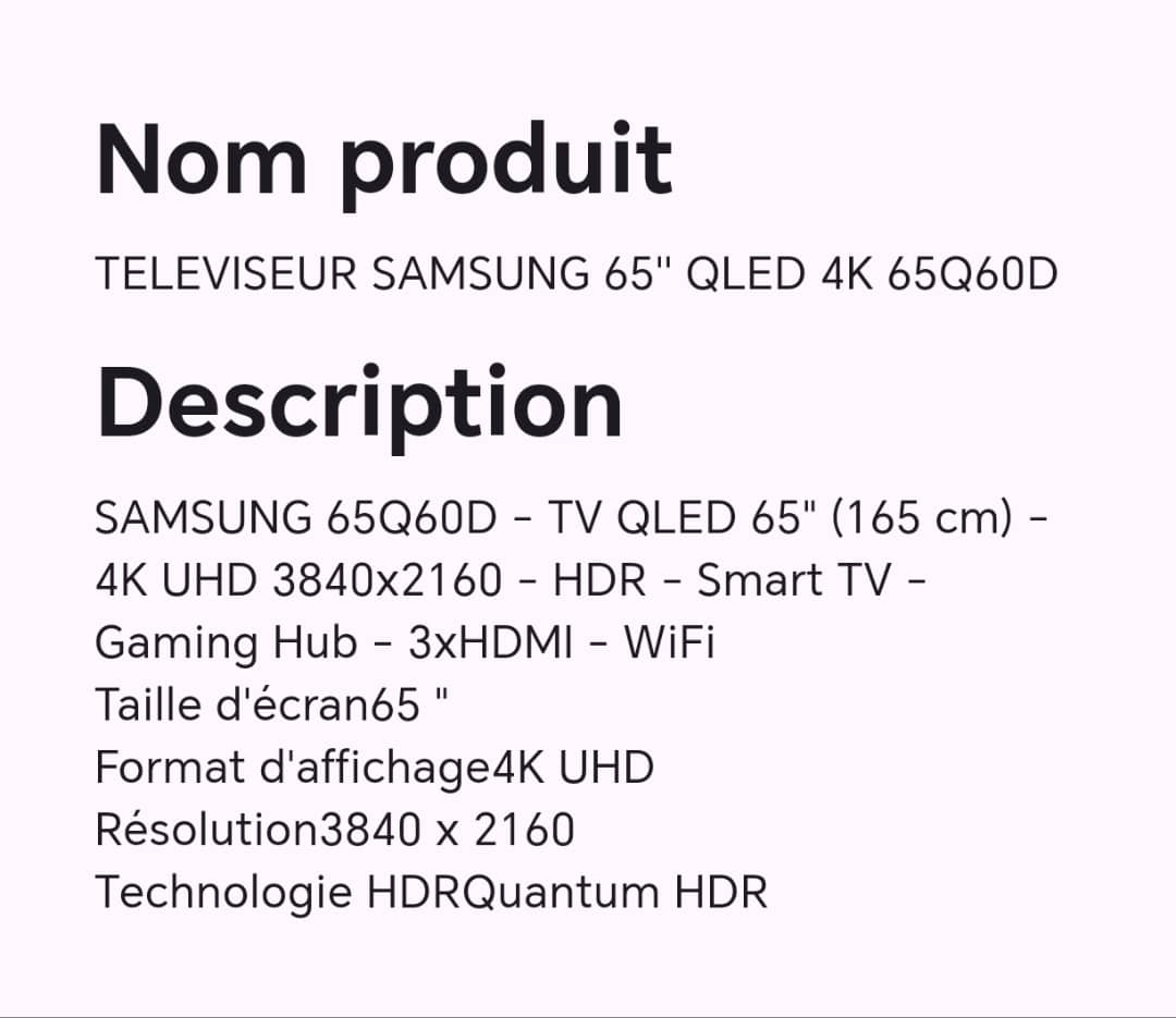 TELEVISEUR SAMSUNG 65" QLED 4K 65Q60D TELEVISEUR SAMSUNG 65" QLED 4K 65Q60D
