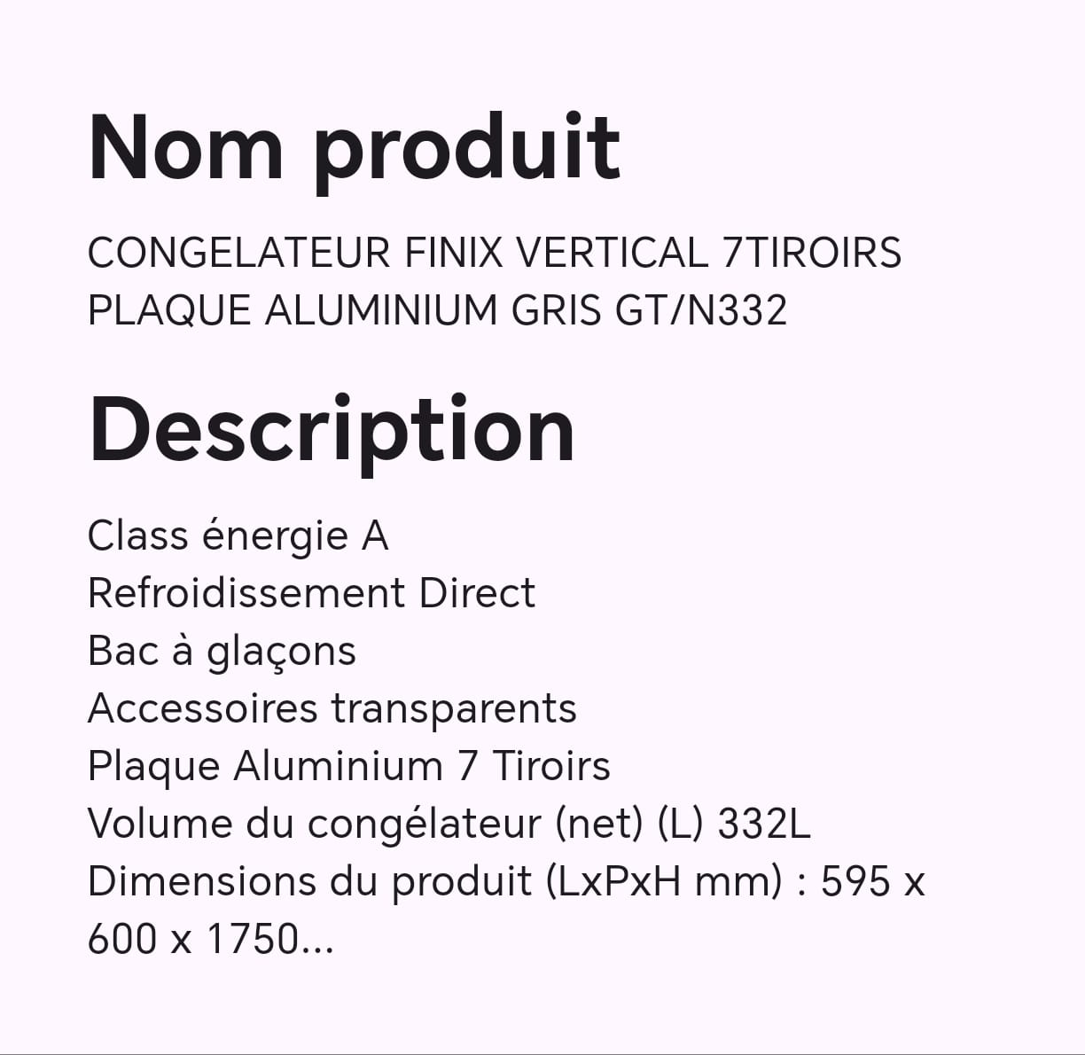CONGELATEUR FINIX VERTICAL 7TIROIRS PLAQUE ALUMINIUM GRIS GT/N332 CONGELATEUR FINIX VERTICAL 7TIROIRS PLAQUE ALUMINIUM GRIS GT/N332
