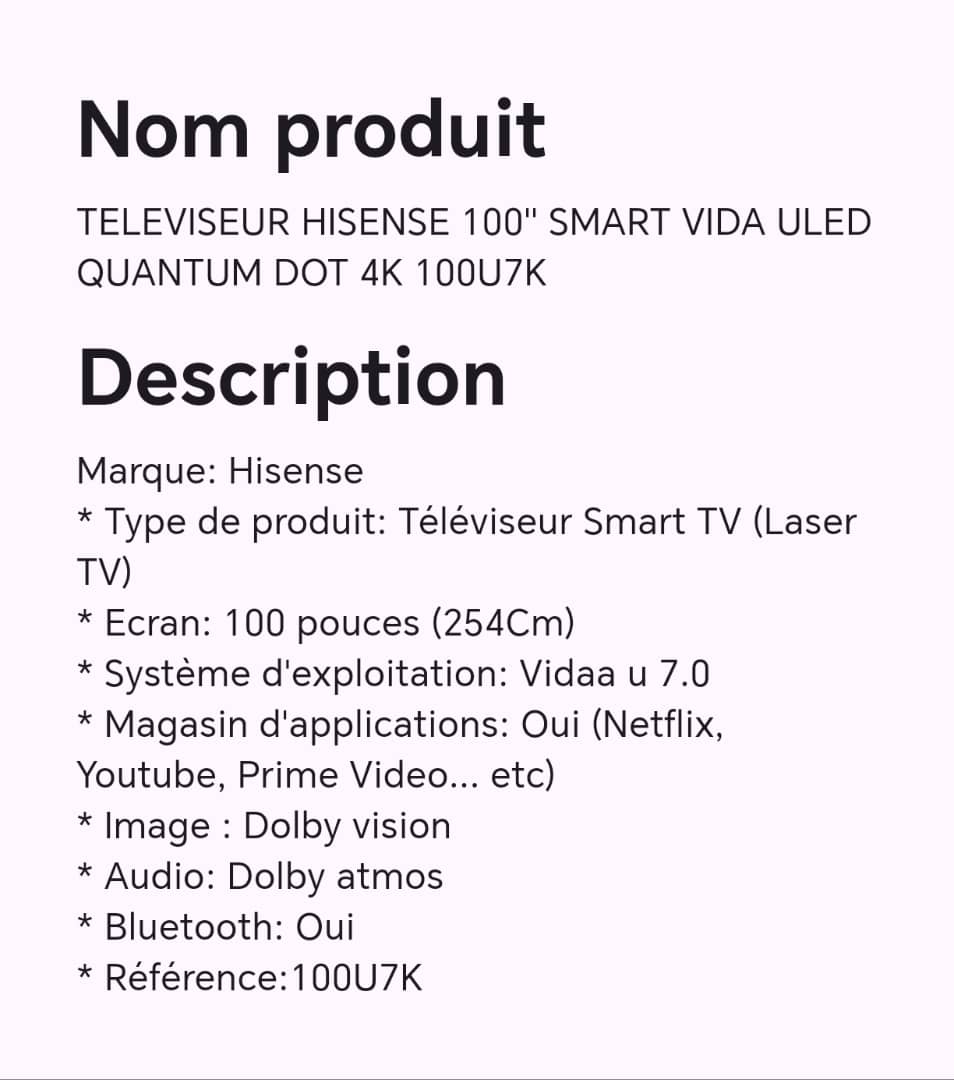 TELEVISEUR HISENSE 100" SMART VIDA ULED QUANTUM DOT 4K 100U7K TELEVISEUR HISENSE 100" SMART VIDA ULED QUANTUM DOT 4K 100U7K