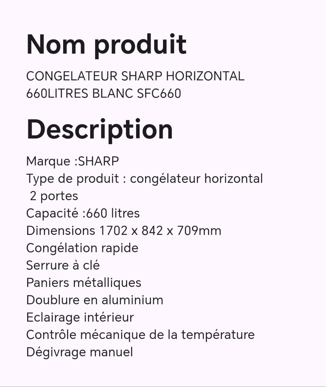 CONGELATEUR SHARP HORIZONTAL 660LITRES BLANC SFC660 CONGELATEUR SHARP HORIZONTAL 660LITRES BLANC SFC660