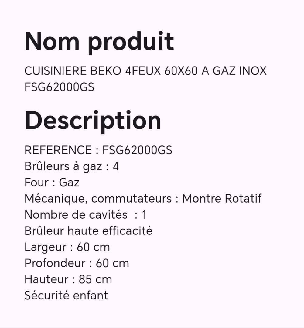 CUISINIERE BEKO 4FEUX 60X60 A GAZ INOX FSG62000GS CUISINIERE BEKO 4FEUX 60X60 A GAZ INOX FSG62000GS