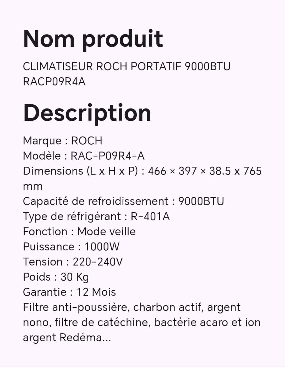 CLIMATISEUR ROCH PORTATIF 9000BTU RACP09R4A CLIMATISEUR ROCH PORTATIF 9000BTU RACP09R4A