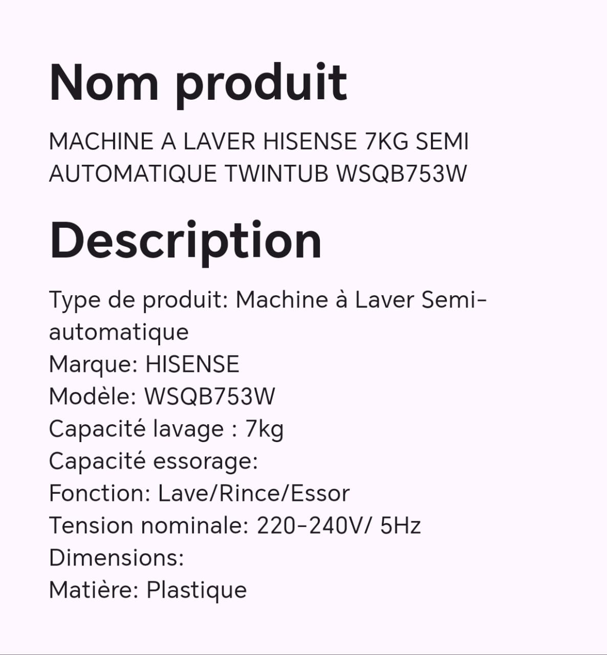 MACHINE A LAVER HISENSE 7KG SEMI AUTOMATIQUE TWINTUB WSQB753W MACHINE A LAVER HISENSE 7KG SEMI AUTOMATIQUE TWINTUB WSQB753W