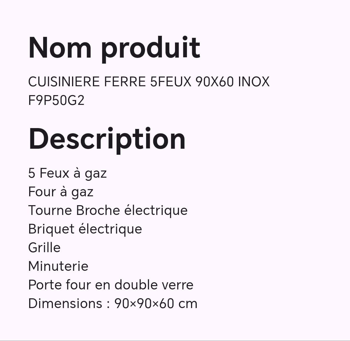 CUISINIERE FERRE 5FEUX 90X60 INOX F9P50G2 CUISINIERE FERRE 5FEUX 90X60 INOX F9P50G2