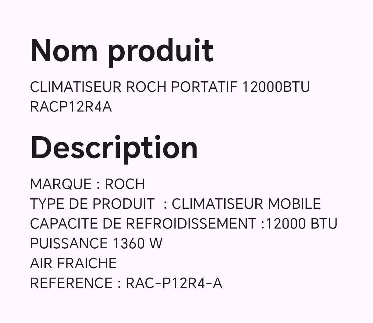 CLIMATISEUR ROCH PORTATIF 12000BTU RACP12R4A CLIMATISEUR ROCH PORTATIF 12000BTU RACP12R4A