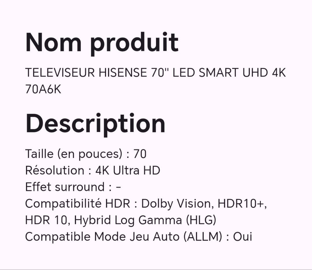 TELEVISEUR HISENSE 70" LED SMART UHD 4K 70A6K TELEVISEUR HISENSE 70" LED SMART UHD 4K 70A6K