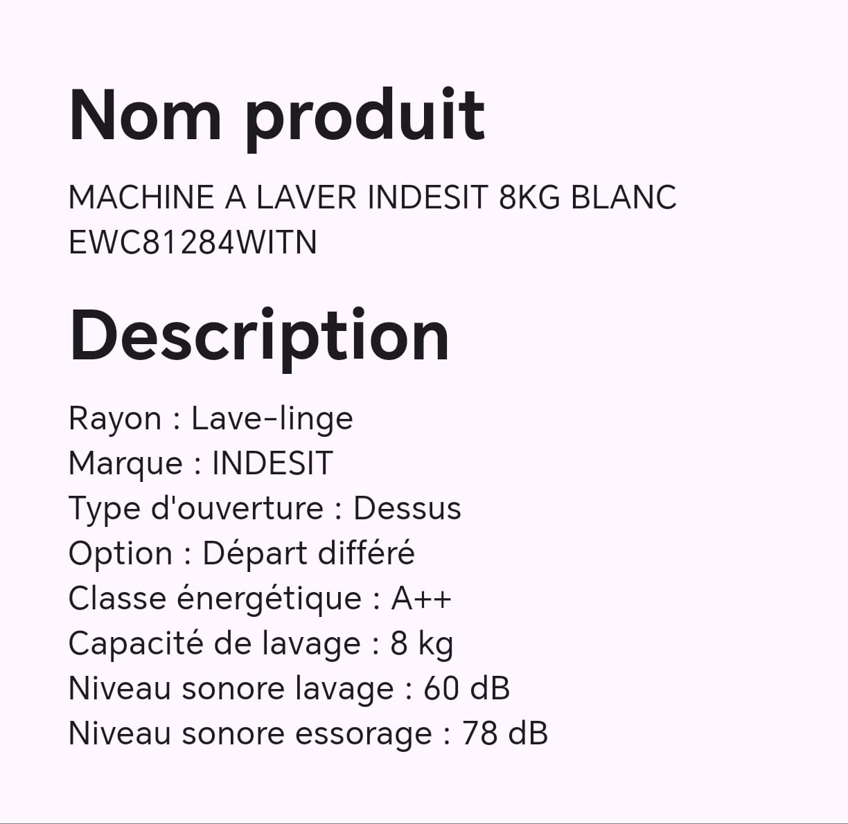MACHINE A LAVER INDESIT 8KG BLANC EWC81284WITN MACHINE A LAVER INDESIT 8KG BLANC EWC81284WITN