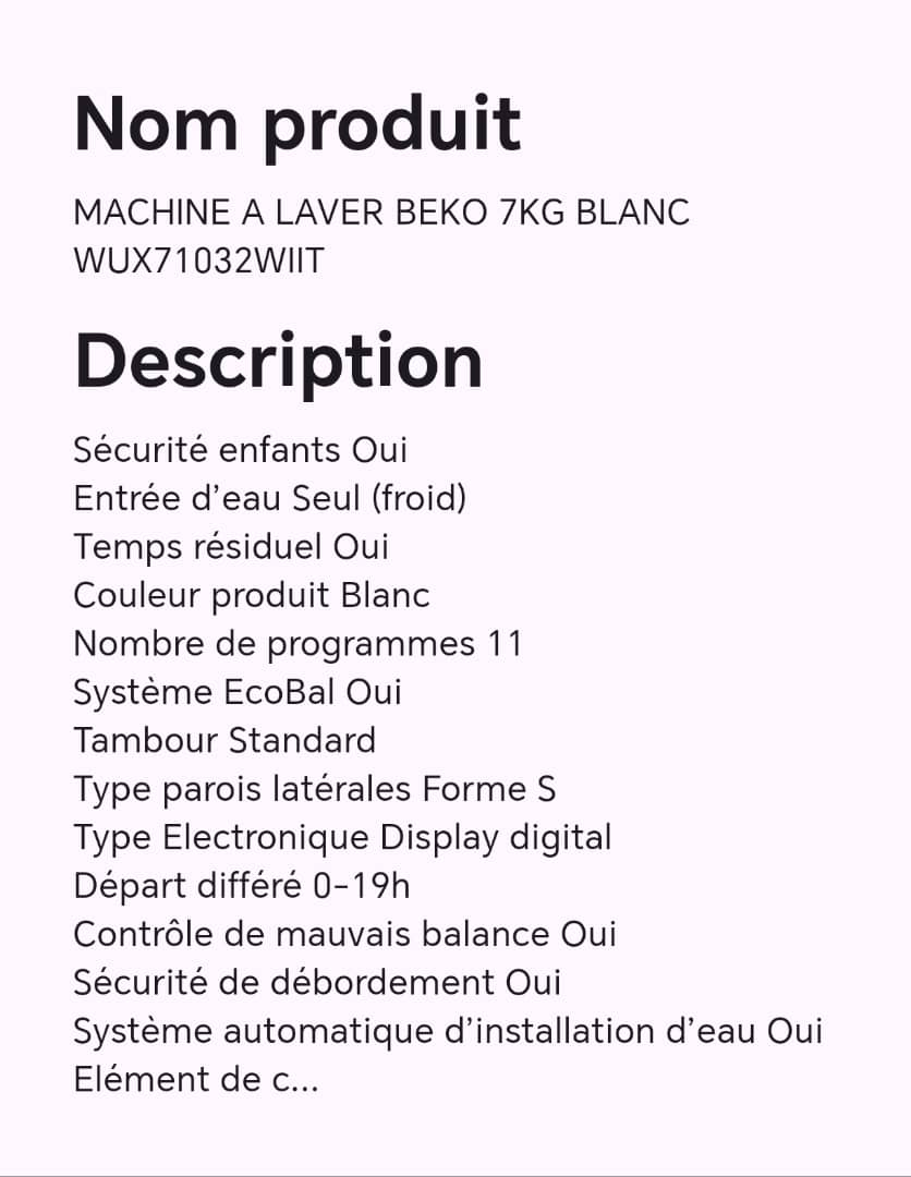 Machine à laver BEKO 7KG blanc WUX71032WIIT Machine à laver BEKO 7KG blanc WUX71032WIIT