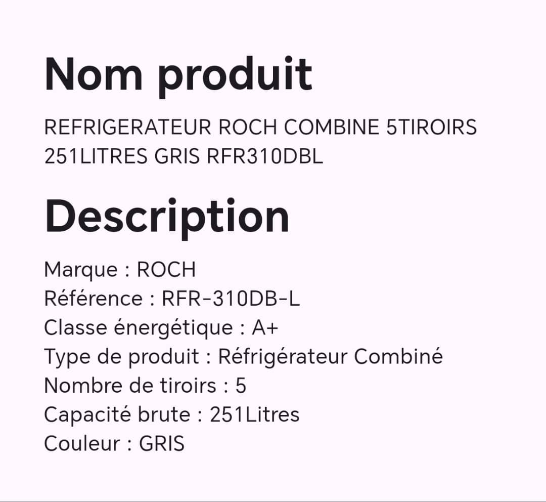 Réfrigérateur ROCH combine 5tiroirs 251litres gris RFR310DBL Réfrigérateur ROCH combine 5tiroirs 251litres gris RFR310DBL
