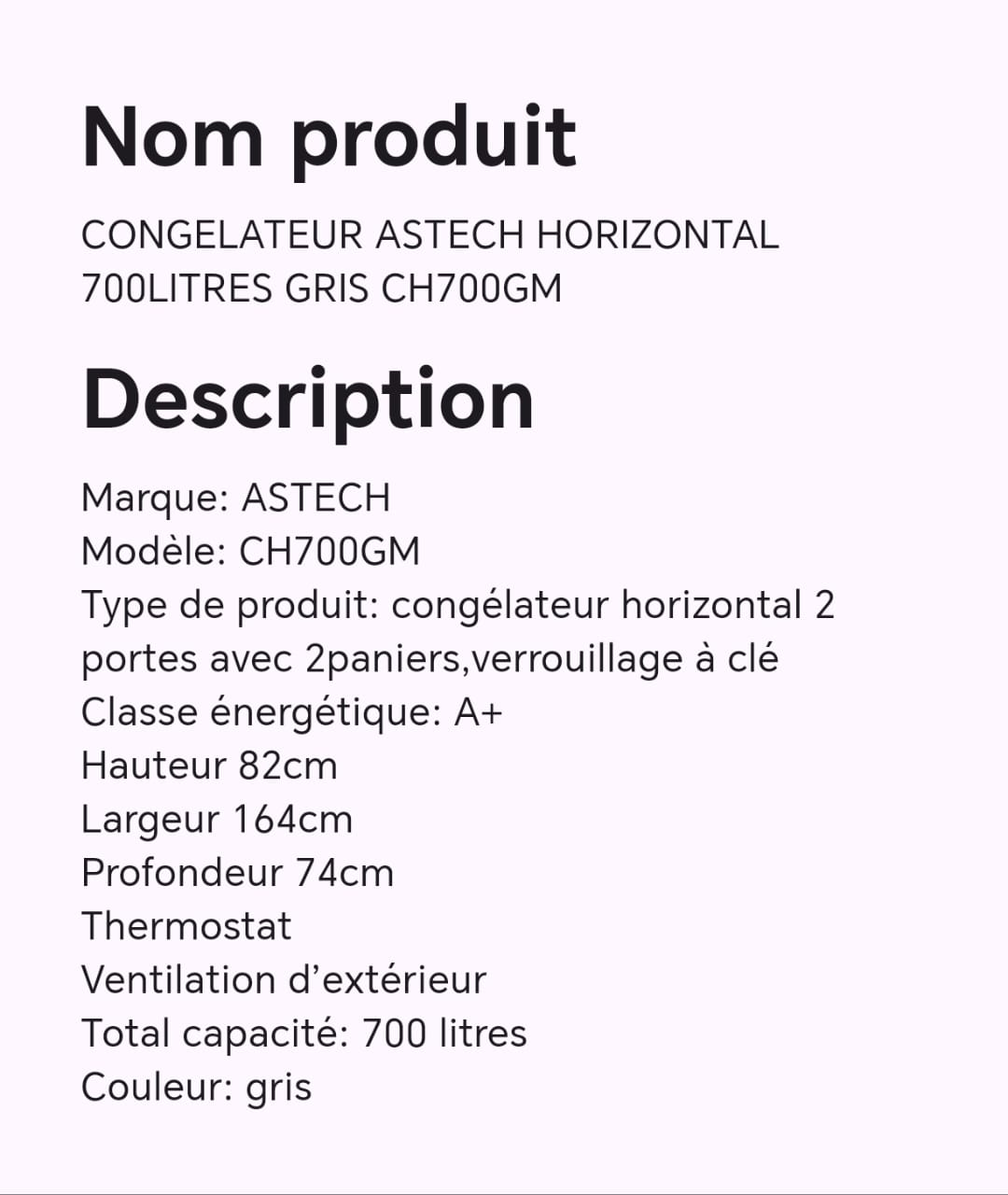CONGELATEUR ASTECH HORIZONTAL 700LITRES GRIS CH700GM CONGELATEUR ASTECH HORIZONTAL 700LITRES GRIS CH700GM