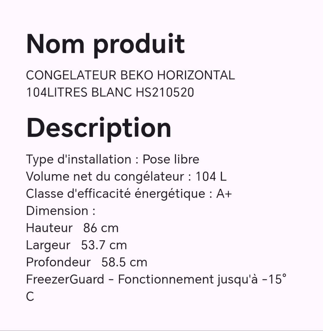 Congélateur BEKO horizontal 104litres blanc HS210520 Congélateur BEKO horizontal 104litres blanc HS210520