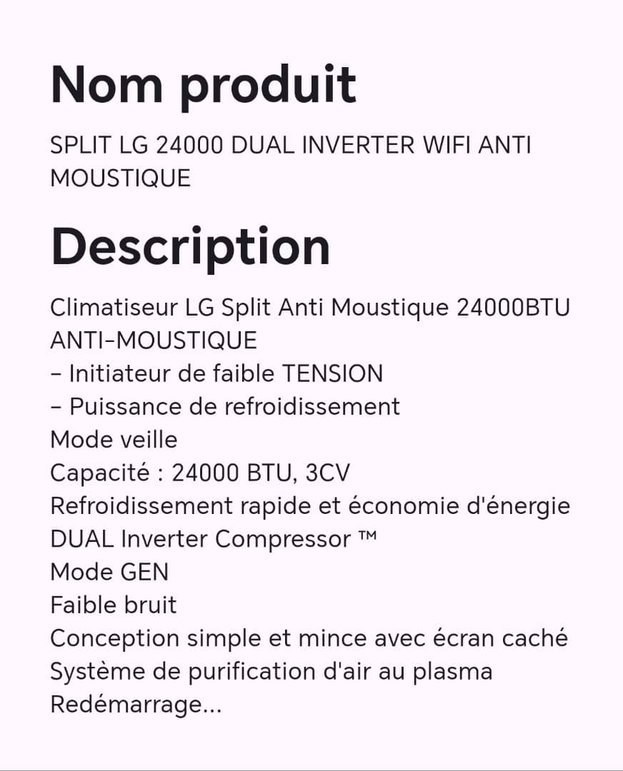SPLIT LG 24000 DUAL INVERTER WIFI ANTI MOUSTIQUE SPLIT LG 24000 DUAL INVERTER WIFI ANTI MOUSTIQUE