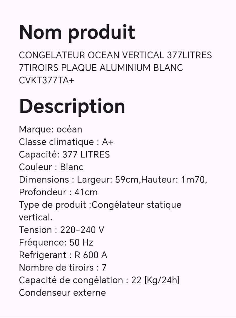 CONGELATEUR OCEAN VERTICAL 377LITRES 7TIROIRS PLAQUE ALUMINIUM BLANC CVKT377TA+ CONGELATEUR OCEAN VERTICAL 377LITRES 7TIROIRS PLAQUE ALUMINIUM BLANC CVKT377TA+