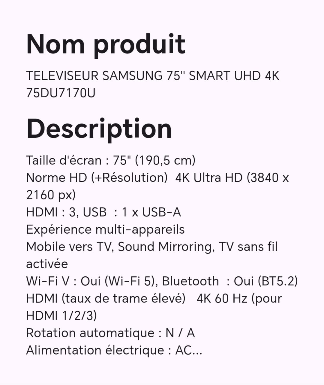 TELEVISEUR SAMSUNG 75" SMART UHD 4K 75DU7170U TELEVISEUR SAMSUNG 75" SMART UHD 4K 75DU7170U