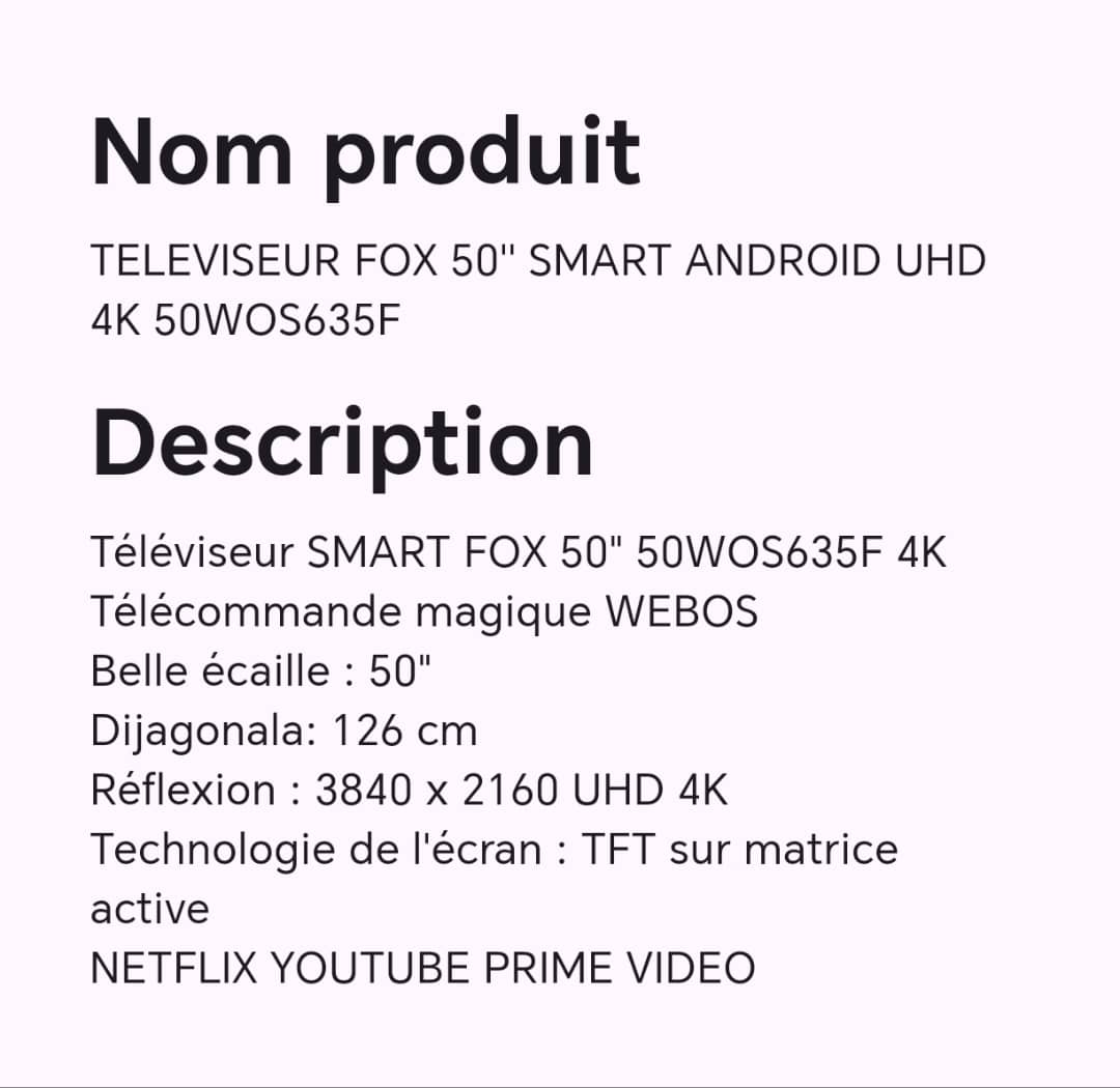 TELEVISEUR FOX 50" SMART ANDROID UHD 4K 50WOS635F TELEVISEUR FOX 50" SMART ANDROID UHD 4K 50WOS635F