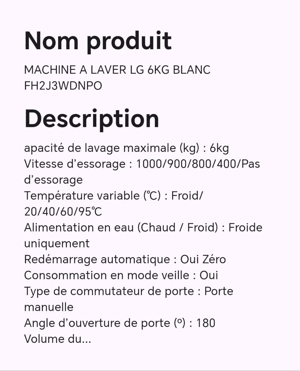 MACHINE A LAVER LG 6KG BLANC FH2J3WDNPO MACHINE A LAVER LG 6KG BLANC FH2J3WDNPO