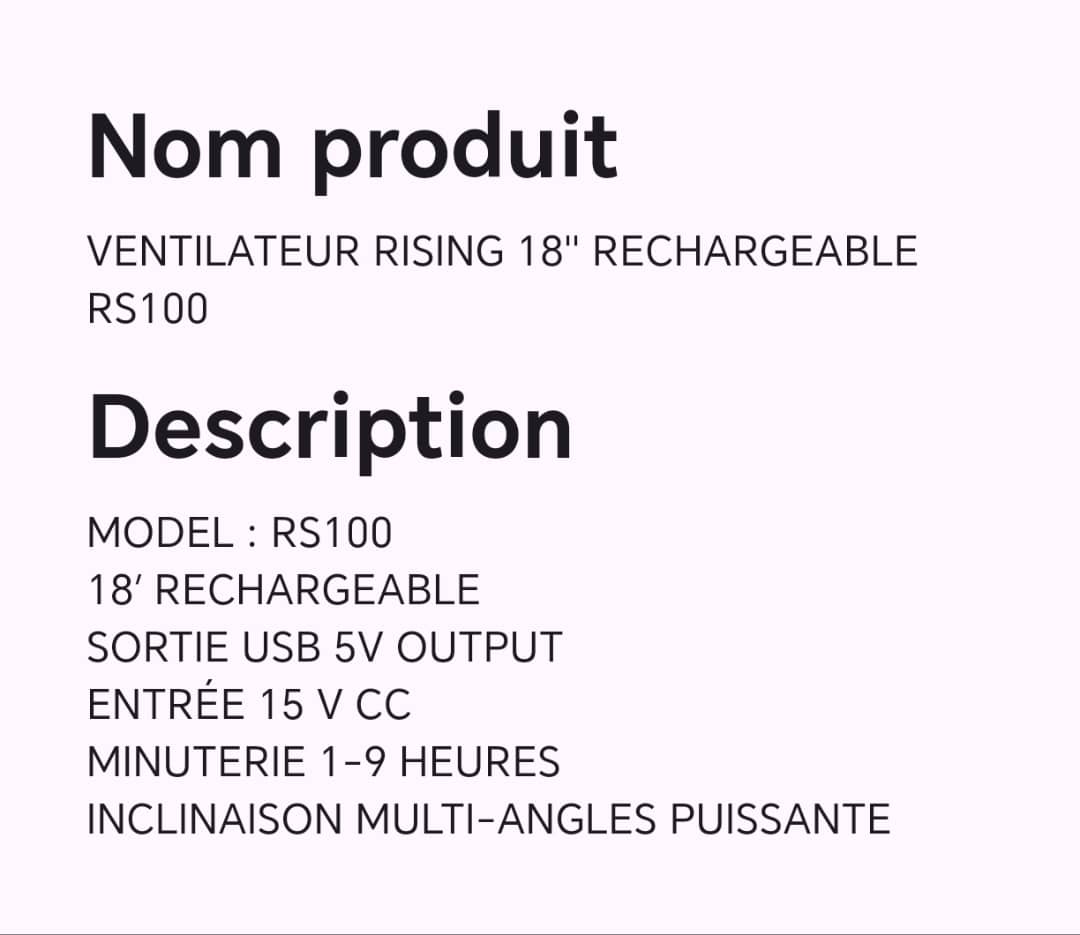 Ventilateur rising 18" rechargeable RS100 Ventilateur rising 18" rechargeable RS100
