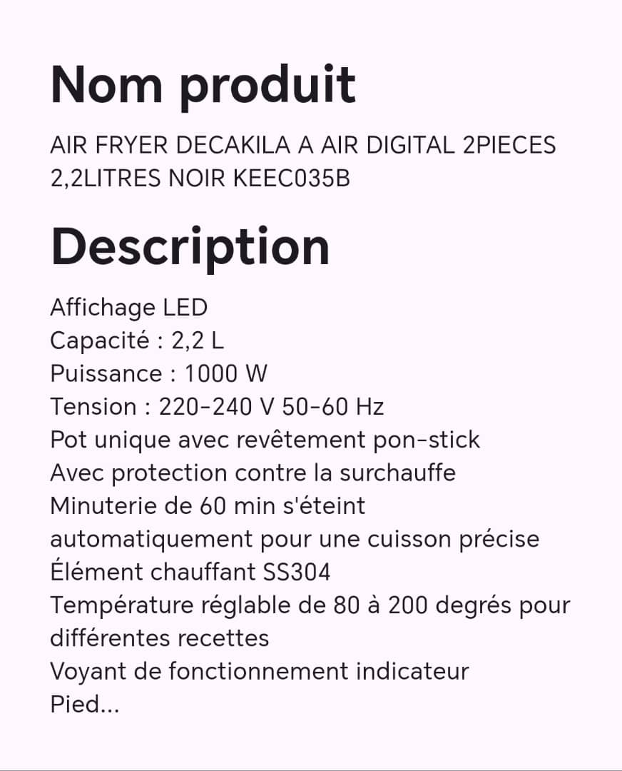 AIR FRYER DECAKILA A AIR DIGITAL 2PIECES 2,2 LITRES NOIR KEEC035B AIR FRYER DECAKILA A AIR DIGITAL 2PIECES 2,2 LITRES NOIR KEEC035B