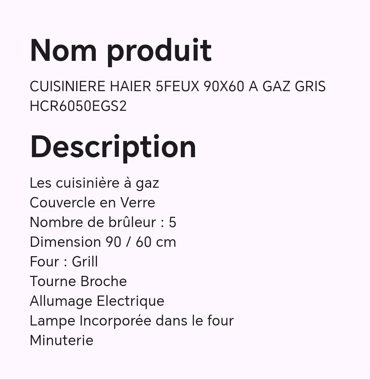 CUISINIERE HAIER 5FEUX 90X60 A GAZ GRIS HCR6050EGS2 CUISINIERE HAIER 5FEUX 90X60 A GAZ GRIS HCR6050EGS2