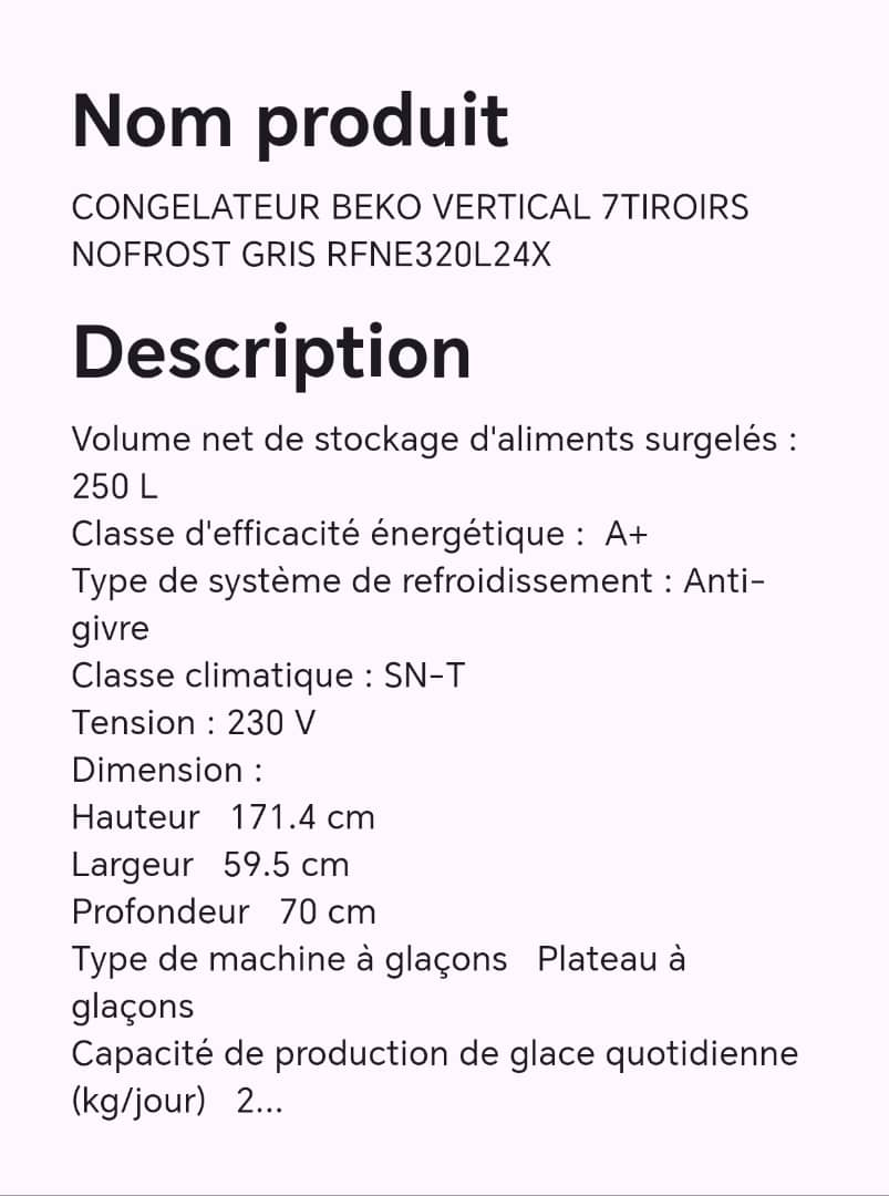 Congélateur BEKO vertical 7tiroirs nofrost gris RFNE320L24X Congélateur BEKO vertical 7tiroirs nofrost gris RFNE320L24X