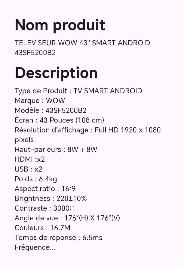 Téléviseur WOW 43" SMART ANDROID 43SF5200B2 Téléviseur WOW 43" SMART ANDROID 43SF5200B2