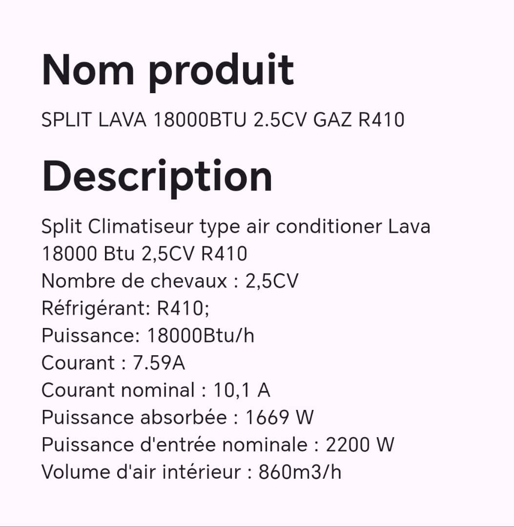 Split LAVA 18000BTU 2.5CV gaz R410 Split LAVA 18000BTU 2.5CV gaz R410
