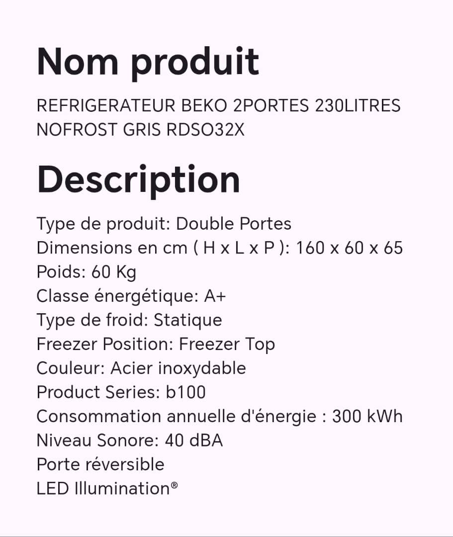 Réfrigérateur BEKO 2portes 230litres nofrost gris RDSO32X Réfrigérateur BEKO 2portes 230litres nofrost gris RDSO32X