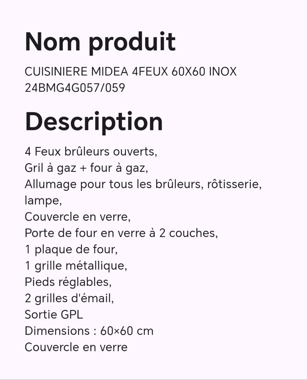 CUISINIERE MIDEA 4FEUX 60X60 INOX 24BMG4G057/059 CUISINIERE MIDEA 4FEUX 60X60 INOX 24BMG4G057/059