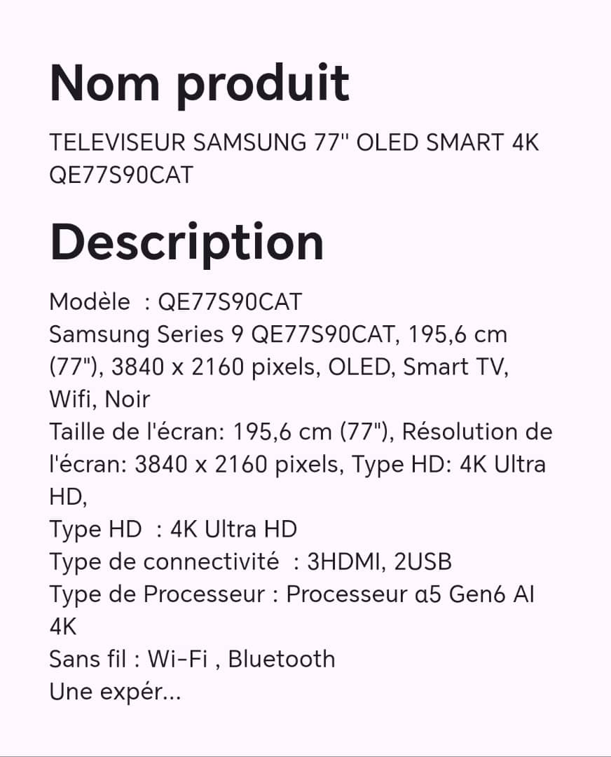 TELEVISEUR SAMSUNG 77" OLED SMART 4K QE77S90CAT TELEVISEUR SAMSUNG 77" OLED SMART 4K QE77S90CAT