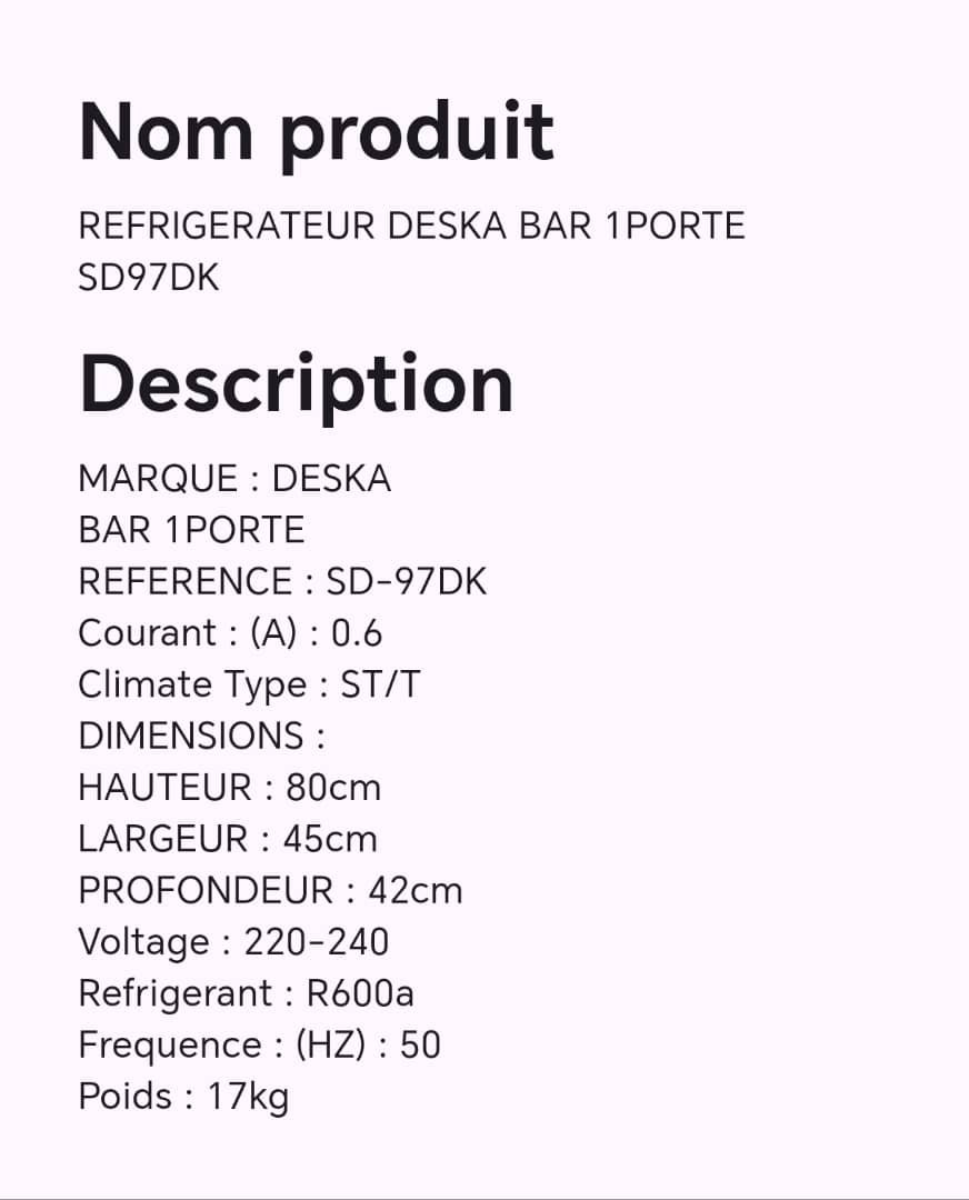 Réfrigérateur DESKA bar 1 porte SD97DK Réfrigérateur DESKA bar 1 porte SD97DK