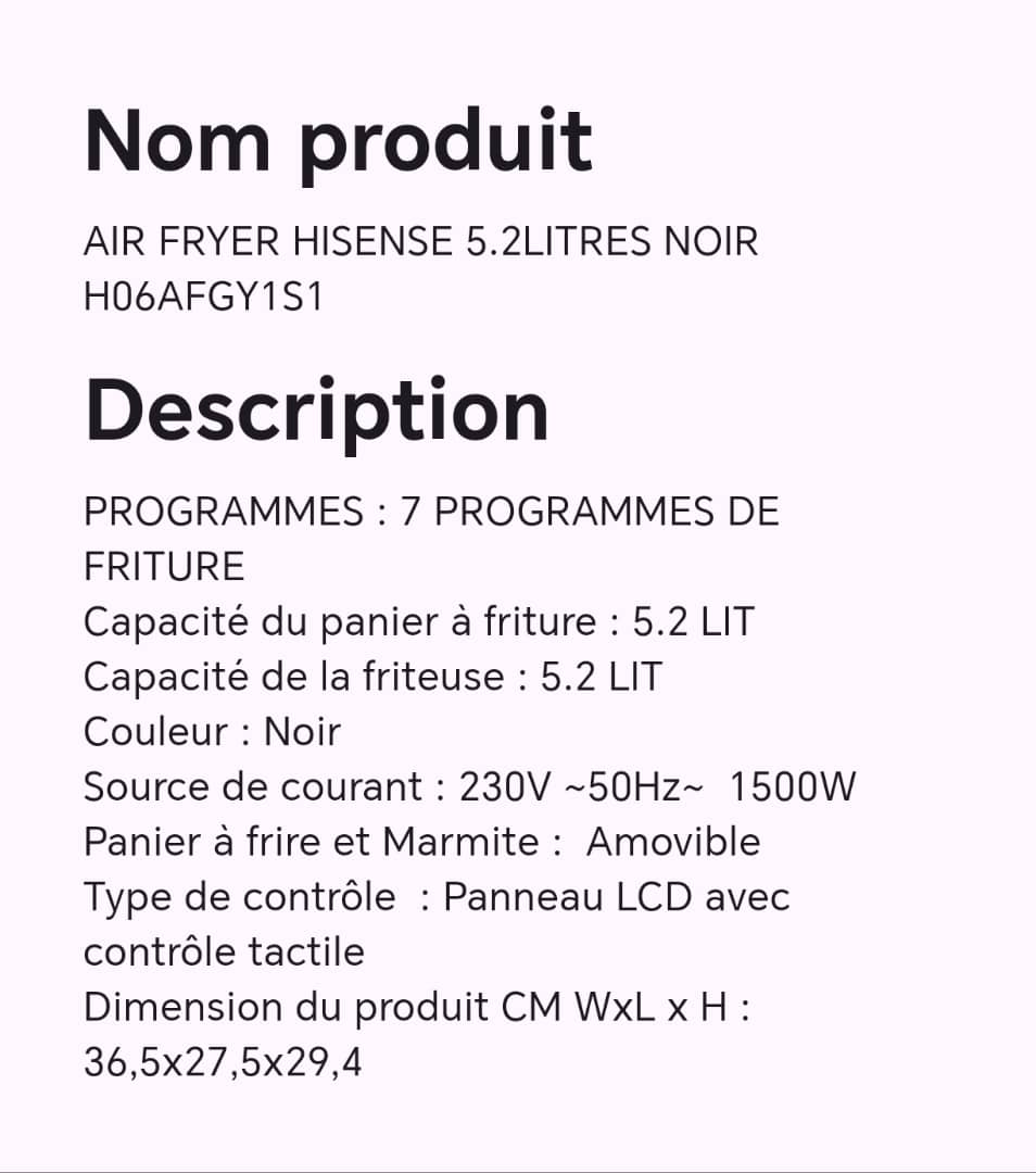 AIR FRYER HISENSE 5,2LITRES NOIR H06AFGY1S1 AIR FRYER HISENSE 5,2LITRES NOIR H06AFGY1S1