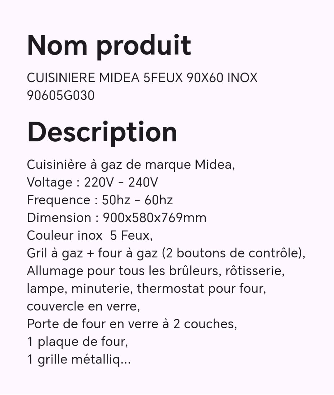 CUISINIERE MIDEA 5FEUX 90X60 INOX 90605G030 CUISINIERE MIDEA 5FEUX 90X60 INOX 90605G030