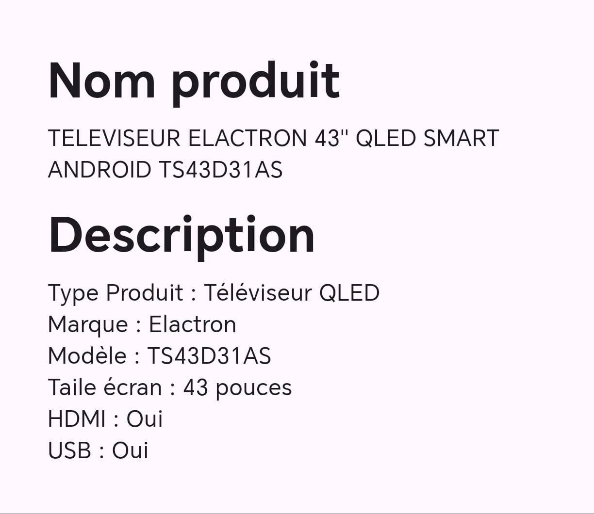 TELEVISEUR ELACTRON 43" QLED smart ANDROID TS43D31AS TELEVISEUR ELACTRON 43" QLED smart ANDROID TS43D31AS