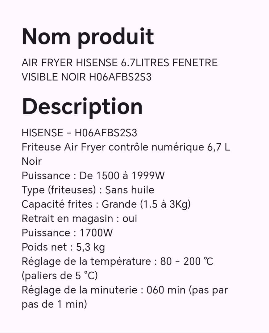 AIR FRYER HISENSE 6,7 LITRES FENETRE VISIBLE NOIR H06AFBS2S3 AIR FRYER HISENSE 6,7 LITRES FENETRE VISIBLE NOIR H06AFBS2S3