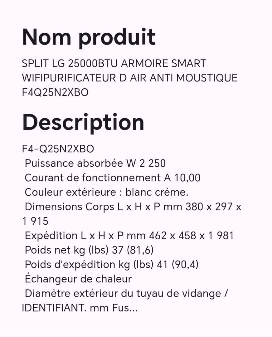 SPLIT LG 25000BTU ARMOIRE SMART WIFIPURIFICATEUR D AIR ANTI MOUSTIQUE F4Q25N2XBO SPLIT LG 25000BTU ARMOIRE SMART WIFIPURIFICATEUR D AIR ANTI MOUSTIQUE F4Q25N2XBO