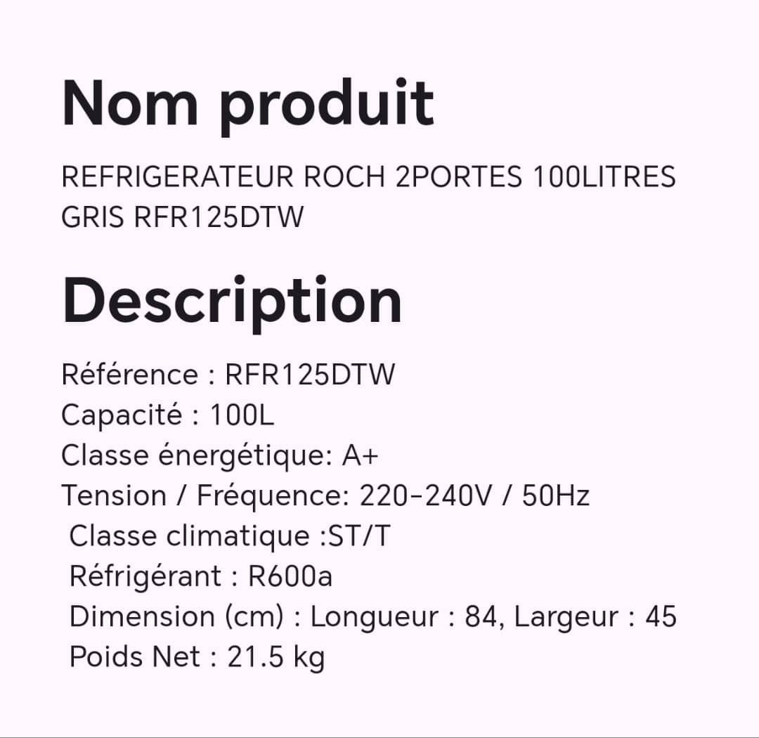 Réfrigérateur ROCH 2 portes 100 litres gris RFR125DTW Réfrigérateur ROCH 2 portes 100 litres gris RFR125DTW